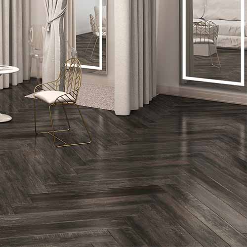 Black Forest Blauen Black WoodLook Tile Plank Herringbone Pattern